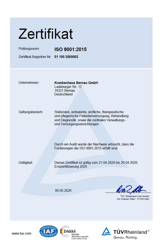 Urkunde für das Zertifikat international anerkannte Norm DIN EN ISO 9001:2015