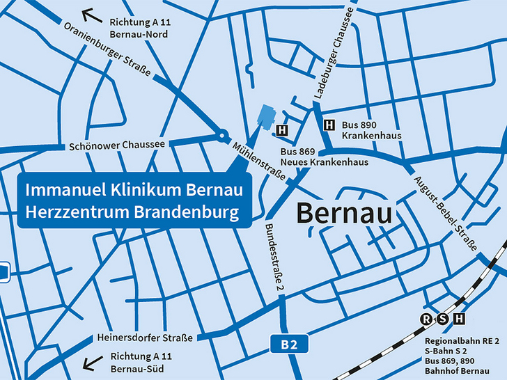Stadtplan von Bernau - Immanuel Klinikum Bernau bei Berlin - Kontakt