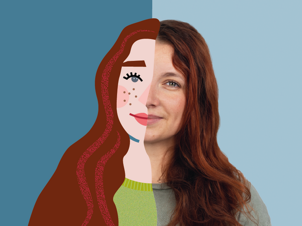 Doppelmotiv eines Portraits einer Auszubildenden aus Foto und Illustration mit zweifarbigem blaugrünem Hintergrund für eine Ausbildungskampagne zum Beruf Pflegefachfrau / Pflegefachmann im Immanuel Klinikum Bernau Herzzentrum Brandenburg in Bernau b. Berlin